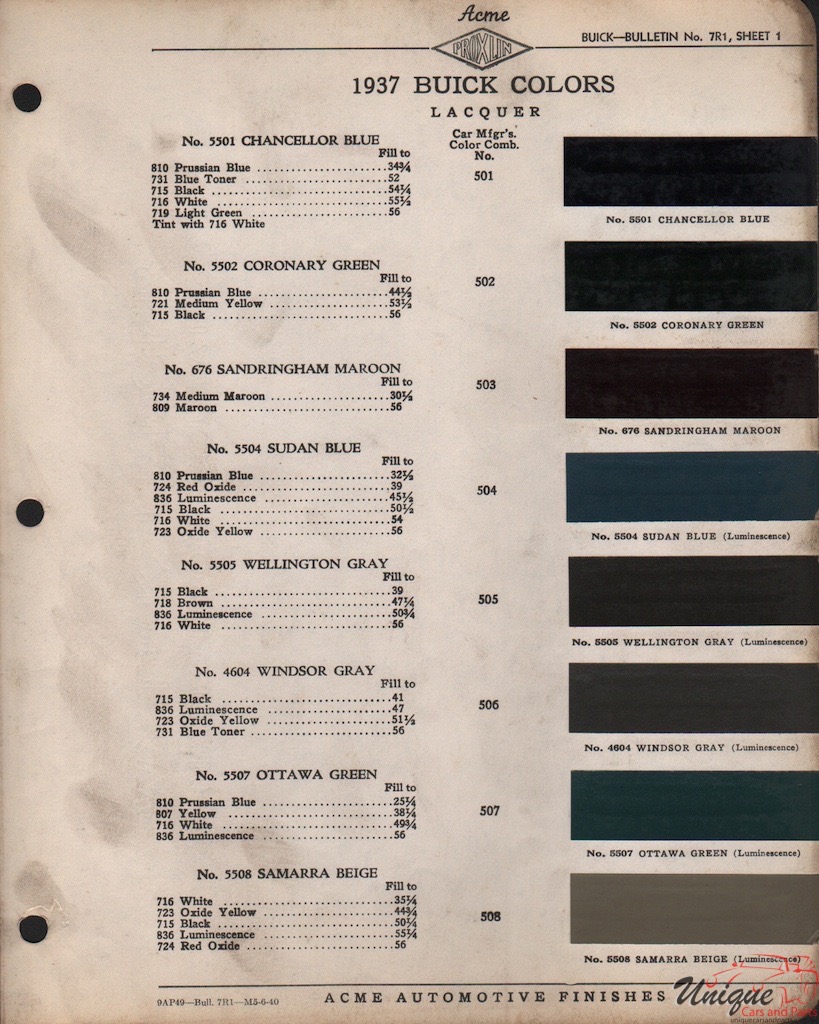 1937 Buick Paint Charts Acme 1
